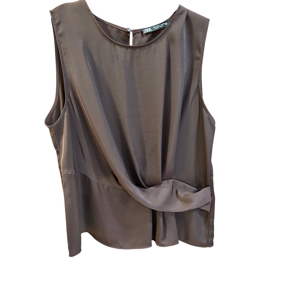 Zara Womens Sleeveless Twist Front Blouse Chocolate Brown Round Neck Top Large